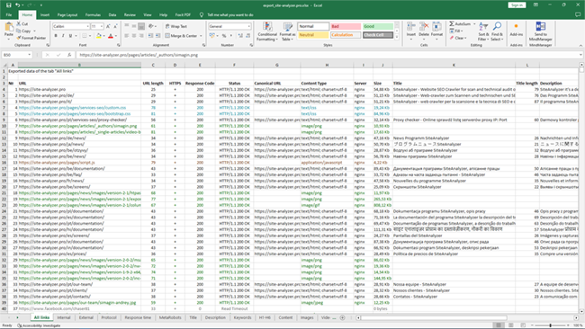 SiteAnalyzer, Ekspor ke Excel