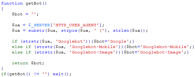 How not to consider Googlebot, code in PHP
