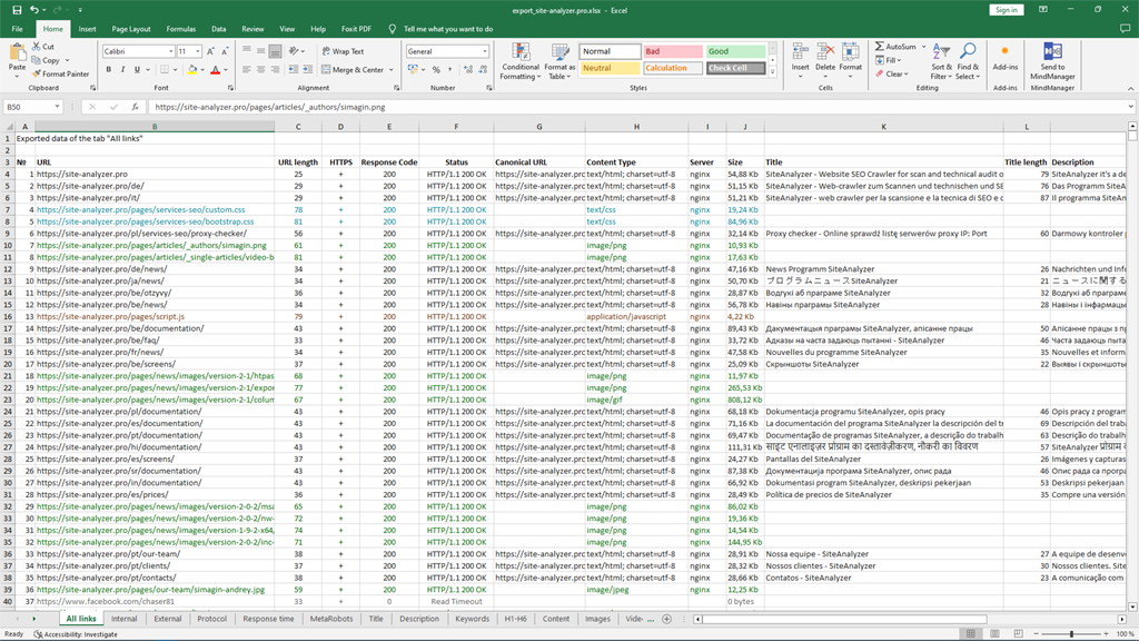 SiteAnalyzer, Excel бағдарламасына экспорттау