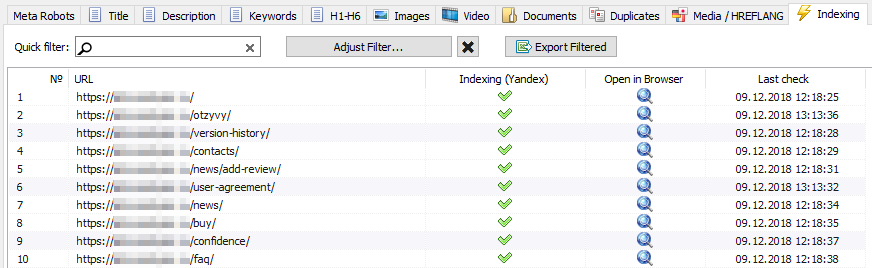 SiteAnalyzer, Controlla le pagine di indicizzazione