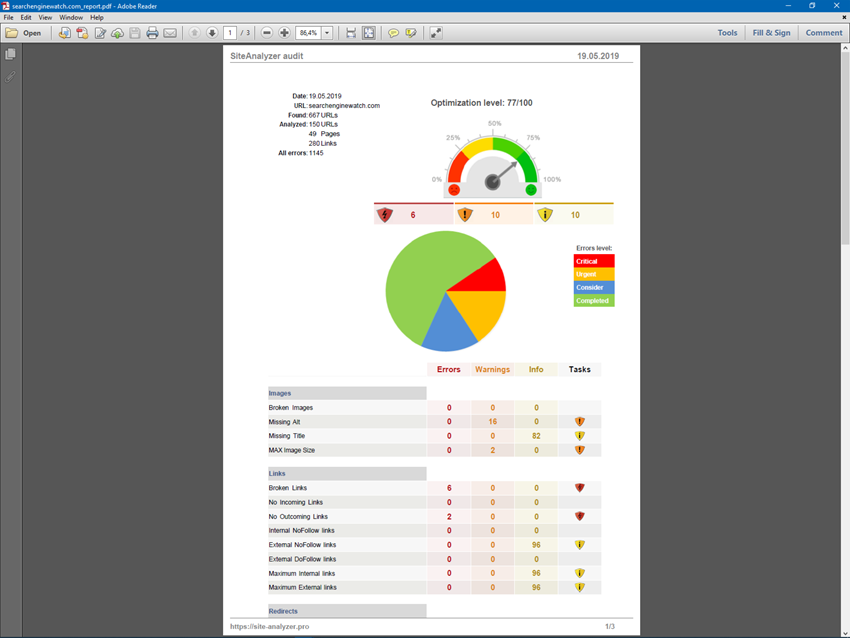 SiteAnalyzer, PDF report