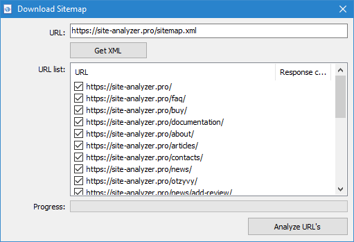 SiteAnalyzer, Scanning Sitemap.xml by URLs