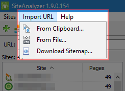 SiteAnalyzer, Menu - URL Import