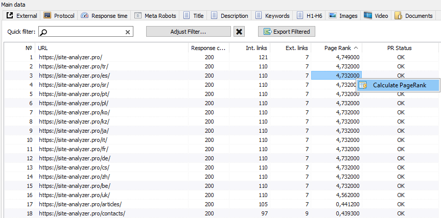 SiteAnalyzer, PageRank checker