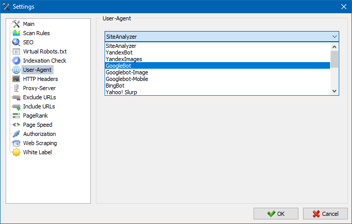 SiteAnalyzer, how to change the User-Agent