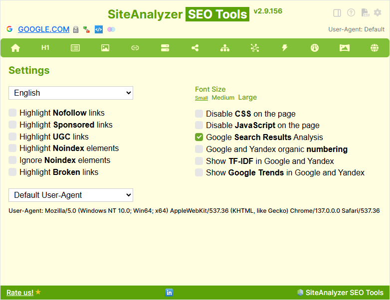 SiteAnalyzer SEO Tools SERP Settings