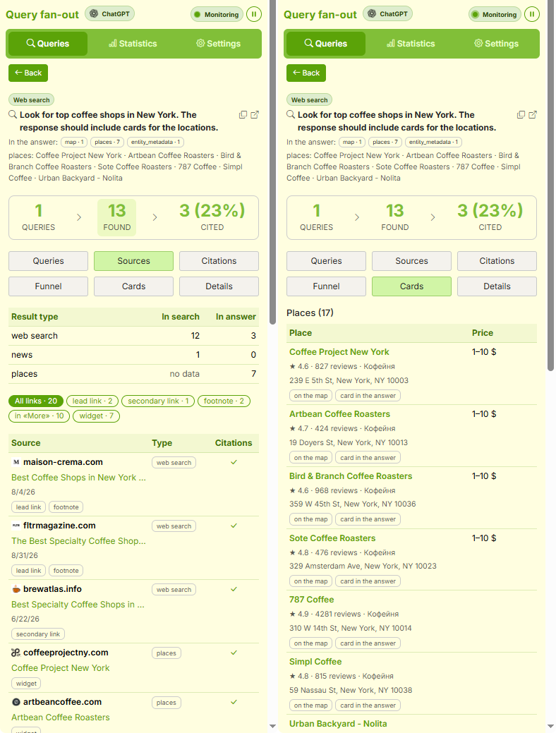 All pages discovered by the AI, with an indication of whether each source was cited