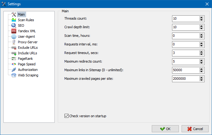 SiteAnalyzer settings interface updated