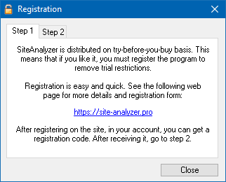 SiteAnalyzer, Registration 1