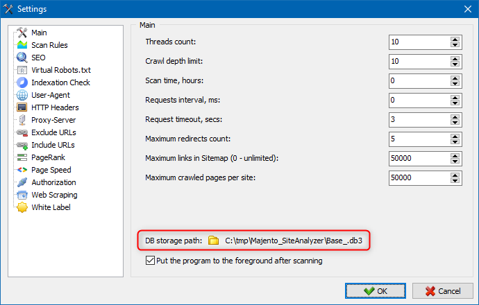 Specifying the location of the database