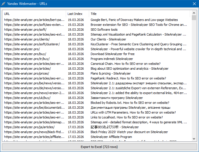 Example of exporting URLs from Yandex Webmaster