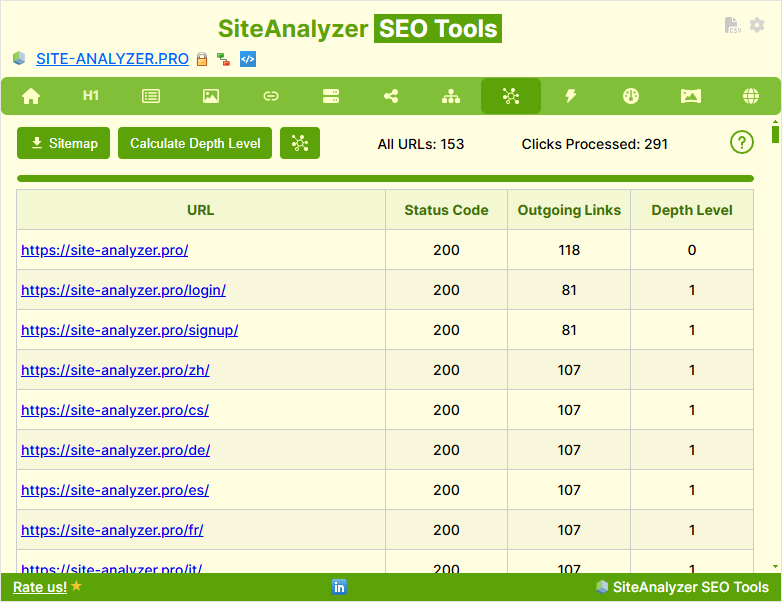 Table with page Crawl Depth